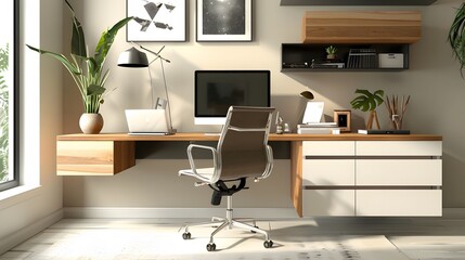 Develop a minimalist yet functional home office desk with built-in cable management and ample storage to promote productivity and organization.