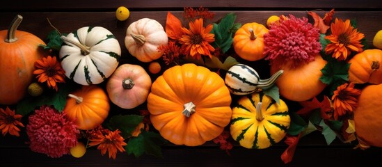Above view of a floral composition for Thanksgiving Day featuring colorful pumpkins fallen leaves and an orange plate in the center providing copy space for text Square image