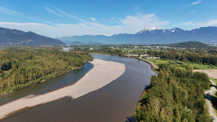 Aerial view of the Island 22 Regional Park along Fraser River in Chilliwack, British Columbia, Canada
