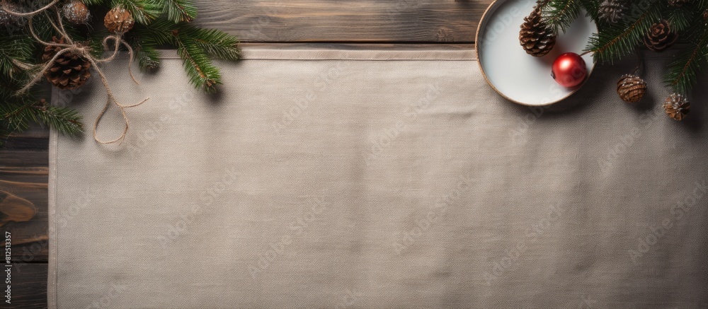 Aufkleber a vintage linen table with visible texture viewed from above creates a charming christmas scene the 