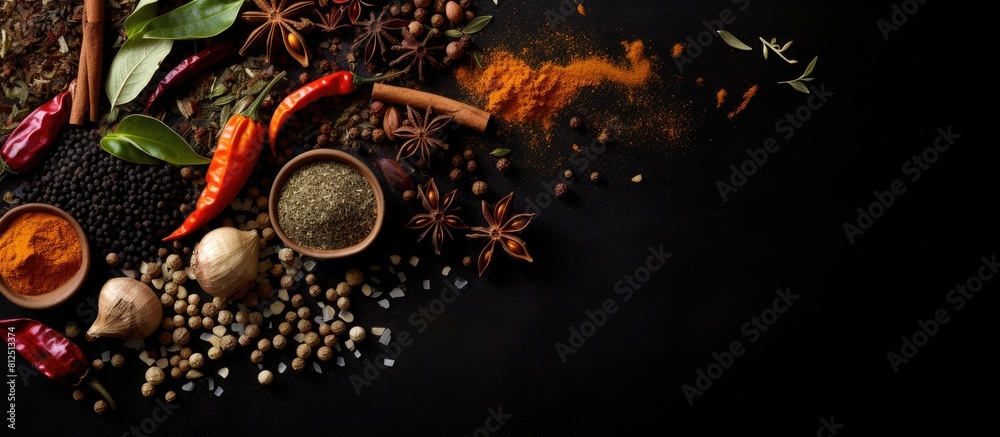 Poster A visually appealing black food background featuring an assortment of aromatic spices providing an ideal copy space image