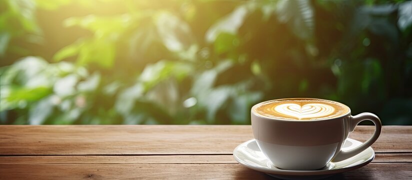 On a vintage wooden table with a blur of green nature in the background there is a copy space image of a white cup of hot latte coffee adorned with heart shaped latte art
