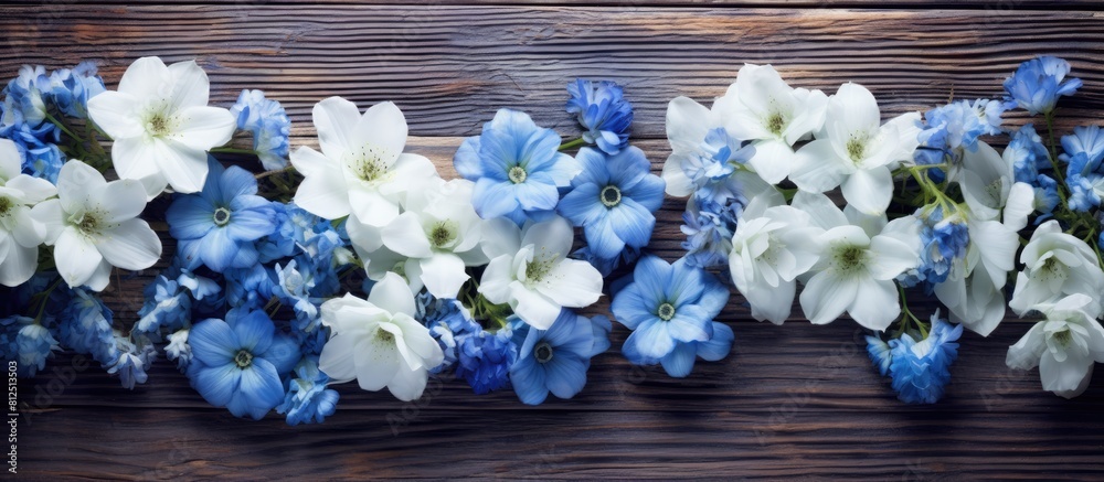 Poster a visually striking arrangement of blue and white flowers on a wooden background captured from an ov