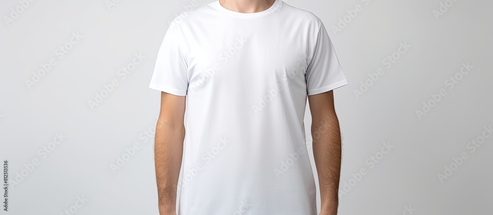 Aufkleber front view of a man wearing a clean white and black t shirt standing alone against a white backgroun