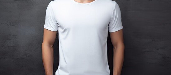 Stylish young man wearing a white t shirt poses on a grey background creating a perfect copy space image for design mockups