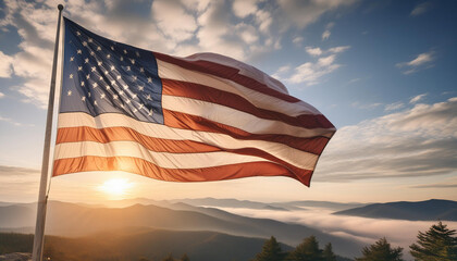 An inspiring image of the American flag waving proudly against a backdrop of a warm sunset sky.