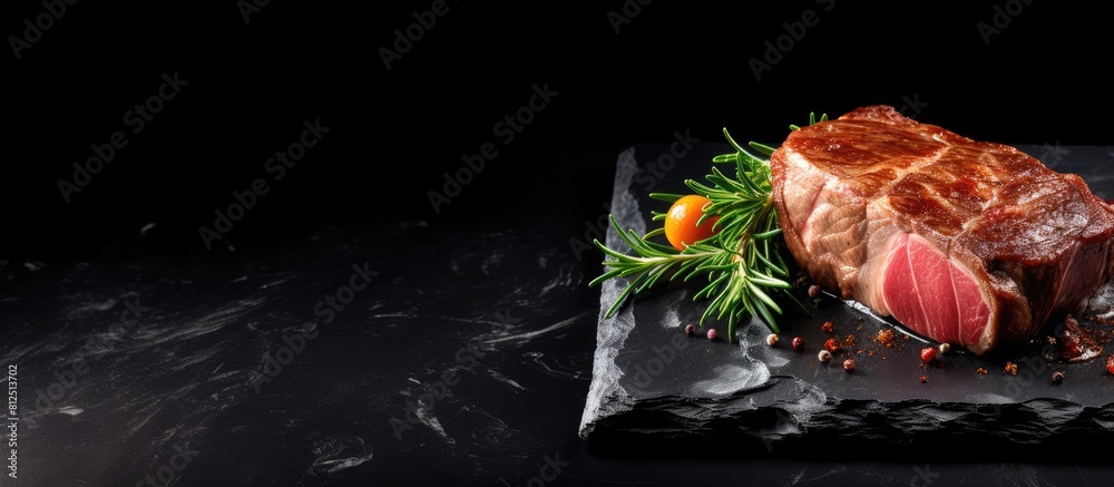 Poster a well done juicy fried meat piece is placed on a stone plate on a black wooden table creating a foo