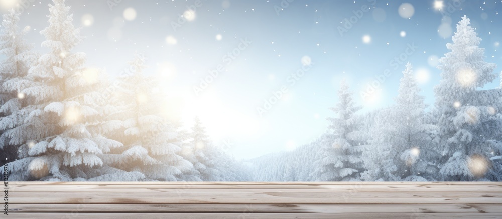 Leinwandbilder a wintry christmas background featuring a snowy landscape with fir branches the wooden table is plac