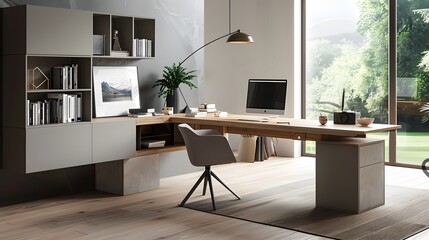 Develop a minimalist yet functional home office desk with built-in cable management and ample storage to promote productivity and organization.