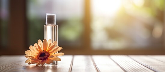 A flower on a wooden table with a bottle of moisturizer in the background ready for use or decoration Copy space image