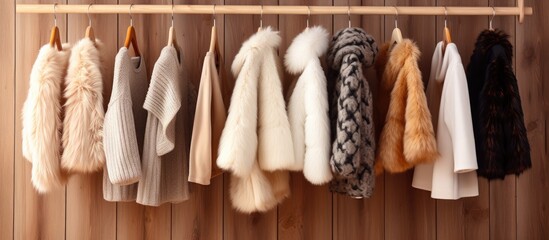 A wooden background with a hanger holding knitted sweaters fur jacket and coat copy space image