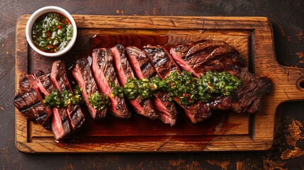 Grilled seasoned wagyu bavette steak with chili and chimichurri sauce on a wooden board