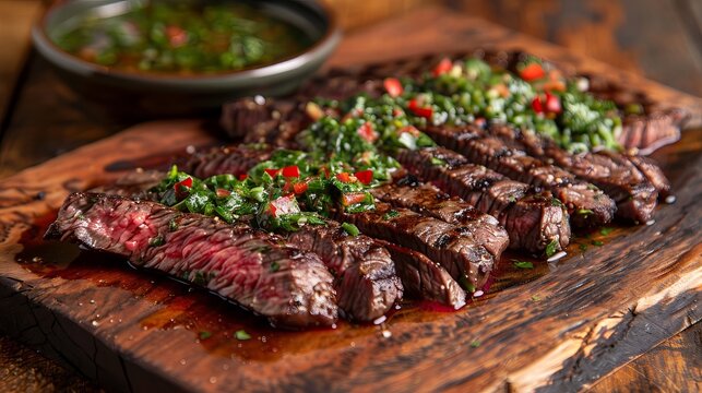 Grilled seasoned wagyu bavette steak with chili and chimichurri sauce on a wooden board