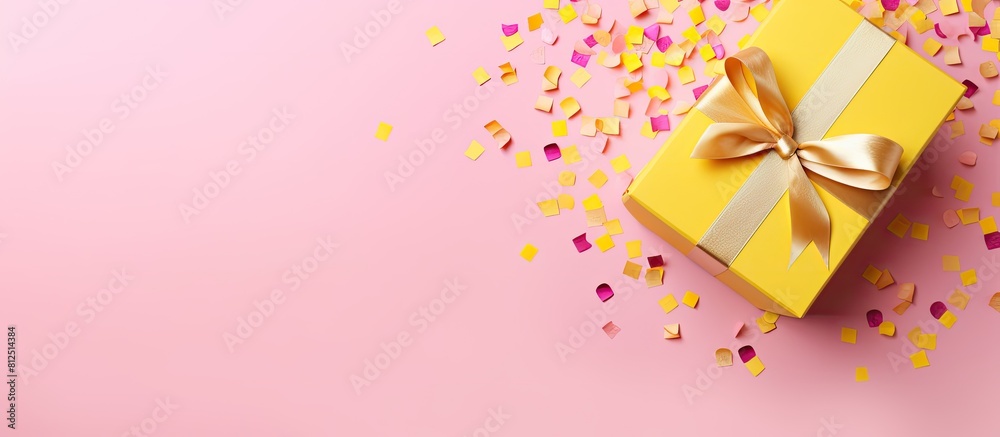 Poster top view of a yellow background adorned with confetti and a pink gift box space is available for tex