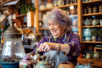 Charming Senior Woman with Silver and Purple Hair Serving Artisanal Teas in Specialty Tea Shop
