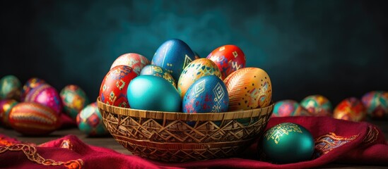 Fototapeta premium Colorful Easter eggs in a woven basket on a colored background portraying a holiday concept with ample space for text or images