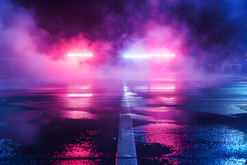 Wet asphalt, reflection of neon lights, a searchlight, smoke. Abstract light in a dark empty street with smoke, smog. Dark background scene of empty street, night view, night city.