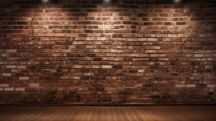 Warmly illuminated empty stage with a textured brick wall background and spotlights