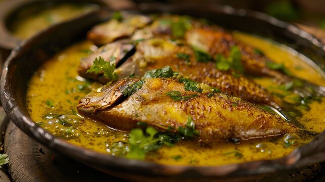 Hilsa fish cooked in a delicious mustard seed sauce. A famous Bengali dish.