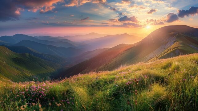 Mountain valley during sunrise. Beutiful natural landsscape in the summer time. generative ai