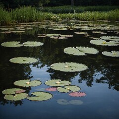 A serene garden pond with lily pads floating on the surface, adorned with images of missing children, symbolizing the need to keep their memory alive.
