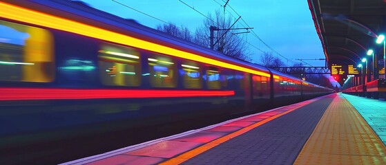 A stunning display of light trails from commuter trains against the backdrop of the evening sky, capturing the essence of urban movement and energy