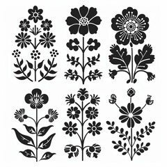 
set of vector folk art flower elements, traditional Polish ornament with flowers in the style of black on white background, 