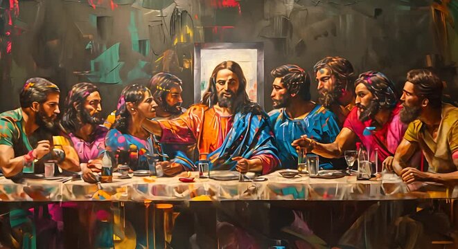 Biblical Imagery, Portraying Jesus and His Disciples Sharing a Meal at a Long Table in an Evocative Scene.