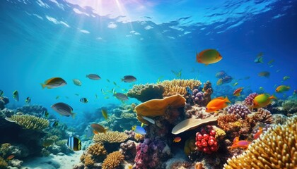 Tropical fish in the underwater, coral reef, amazing underwater life, various fish and exotic coral reefs, ocean wild creatures background