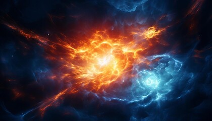 Obraz premium Solar storm radiating intense UV light across the cosmos, top view, illustrating cosmic power and scientific discovery, scifi tone, complementary color scheme