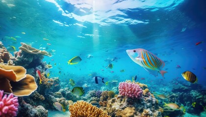 Tropical fish in the underwater, coral reef, amazing underwater life, various fish and exotic coral reefs, ocean wild creatures background