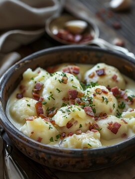 Traditional Slovakian bryndzove halusky featuring potato dumplings smothered in rich sheep's cheese and crispy bacon. This beloved comfort food dish showcases the comforting and authentic flavors.