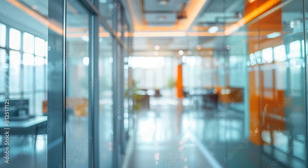 Poster Sleek, contemporary office space interior with glass walls giving a blurred glimpse into a meeting room in a corporate environment