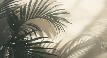 Serene portrayal of palm leaves in soft light and shadows, creating a calm and tranquil atmosphere