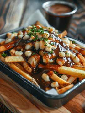 Authentic Canadian poutine with golden fries, squeaky cheese curds, and rich brown gravy served in a tray, capturing the comforting and indulgent essence of this beloved French-Canadian culinary.