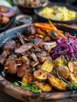 A traditional Maori hangi dish from New Zealand, featuring meats and vegetables slow-cooked in an underground earth oven, displayed on a rustic platter for an authentic and cultural culinary.