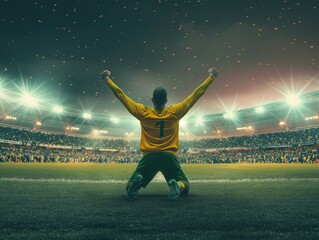 Goalkeeper in yellow jersey celebrating with fists raised in a packed stadium under spotlight.