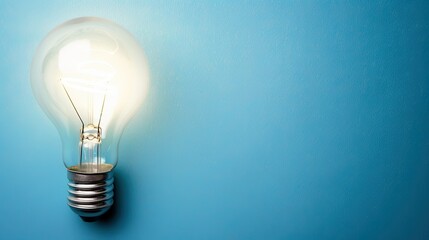 A solitary lightbulb illuminating a blue background with blank space