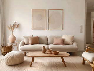 Minimalist living room with a light grey sofa, a wooden coffee table and chair in neutral tones with beige accents. Mid-century modern design. Realistic image of a minimalist interior