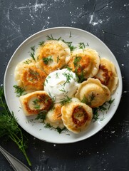 Authentic Polish pierogi, traditional dumplings served on a white plate with a dollop of sour cream...