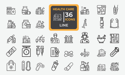 Set of 36 line icons related to Medicine, Health Care and Pharmacy. Outline icon collection. Editable stroke. Vector illustration