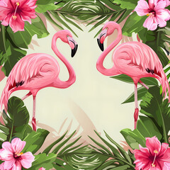 Floral tropical background with exotic flowers, palm leaves, jungle leaf, hibiscus, orchid flower, pink flamingos. Illustration in Flat style with space for text