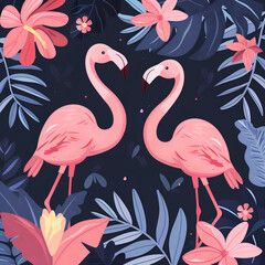 Floral seamless tropical background with exotic flowers, palm leaves, jungle leaf, hibiscus, orchid flower, pink flamingos. Illustration in Hawaiian style