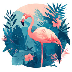 Pink flamingo illustration and tropical leaves arranged in a circle on a white background. Summer holidays banner