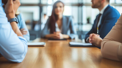 A group of business professionals are sitting around a table having a meeting. They are all wearing suits and look serious. The table is made of wood and there are papers and folders on it.