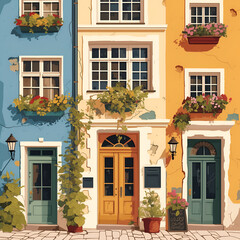Naklejka premium Illustration beautiful street with old historic houses, windows and flowers on the windowsills. Cute town cartoon style, bright colors.