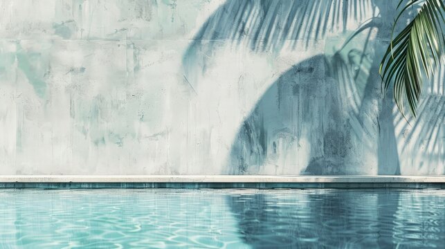 Tropical summer background with concrete wall, pool water and palm leaf shadow. generative ai