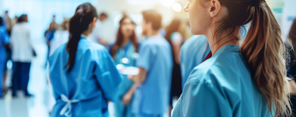 A young female doctor or nurse wearing blue scrubs is looking thoughtfully out of the frame. In the blurred background, a group of doctors and nurses are walking and talking.
