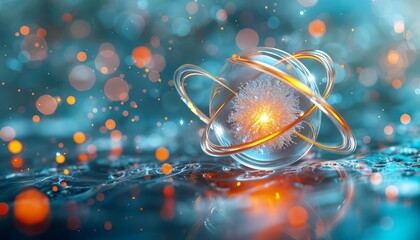 Showcase a theoretical model of an atom, with a nucleus at its center surrounded by electron clouds, governed by the laws of quantum physics - obrazy, fototapety, plakaty