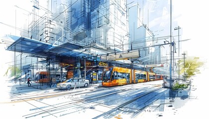 Sketch a public transportation hub in a smart city featuring realtime scheduling updates and electric charging stations for vehicles